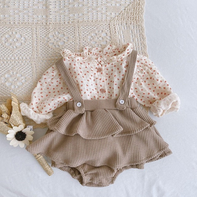 Vintage Baby Girl Overall Shirt Set Clothes Autumn Linen Girls Floral Blouss , Romper , Dress Newborn Baby Girls Strap Outfits - keikeishopping