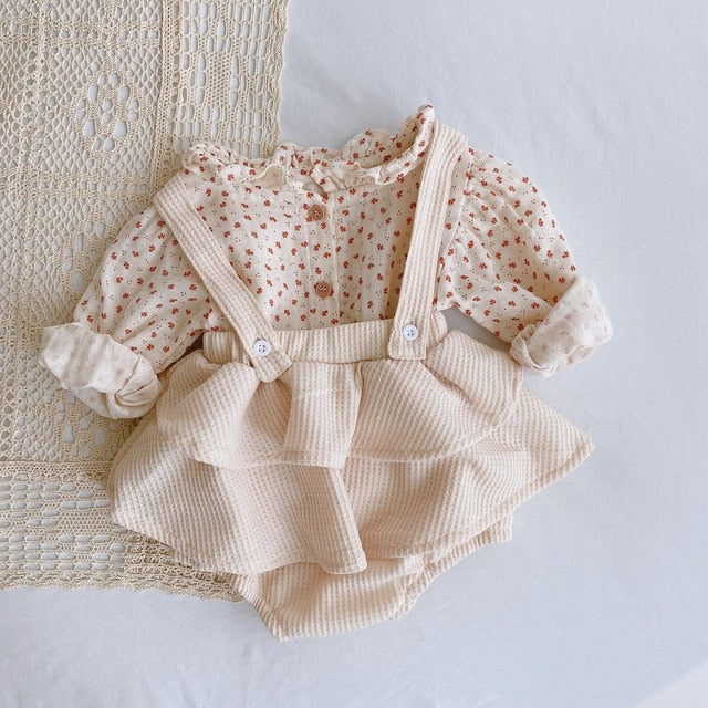Vintage Baby Girl Overall Shirt Set Clothes Autumn Linen Girls Floral Blouss , Romper , Dress Newborn Baby Girls Strap Outfits - keikeishopping