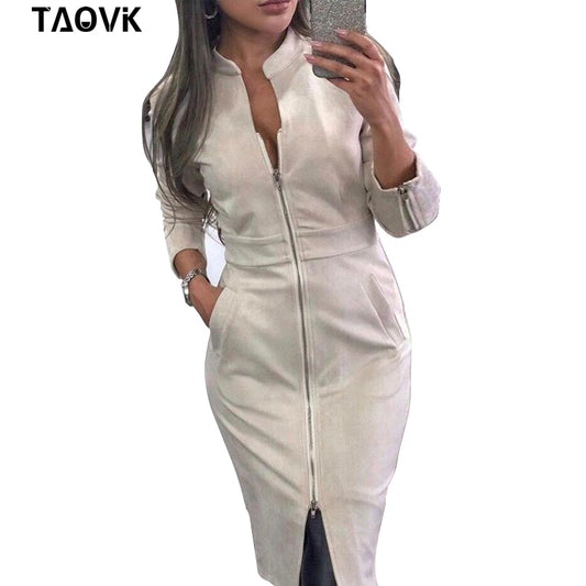 TAOVK Women's Dress Long Sleeve Bodycon Zippers Vintage Stand Collar Office women's Dresses - keikeishopping