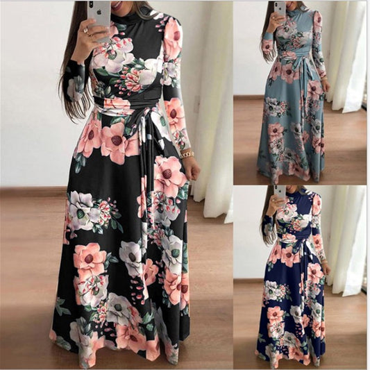 women's casual long sleeve flower print dress - keikeishopping