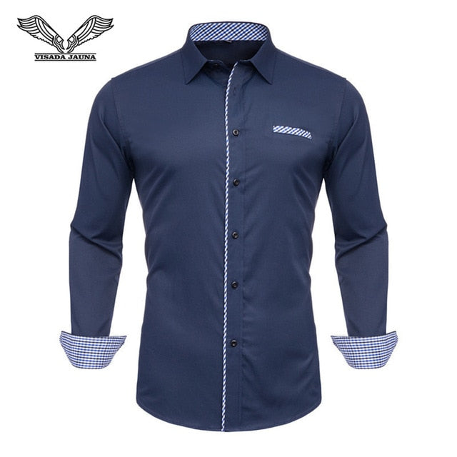 VISADA JAUNA Men Shirts Europe Size New Arrivals Slim Fit Male Shirt Solid Long Sleeve British Style Cotton Men's Shirt Office - keikeishopping
