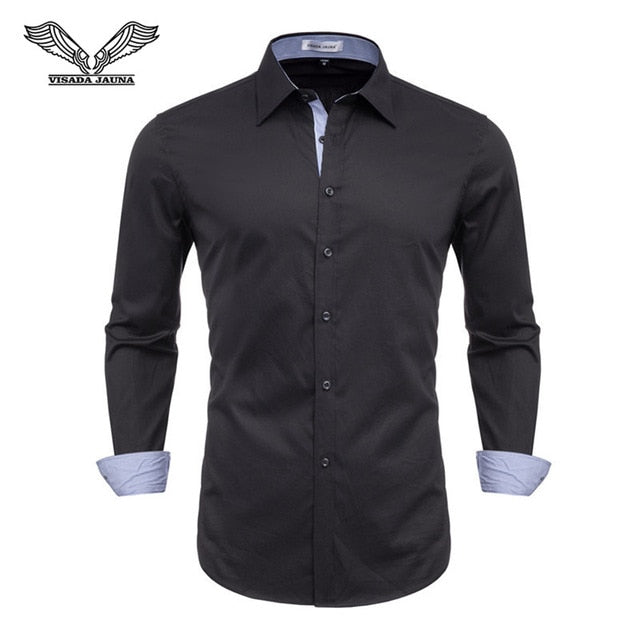 VISADA JAUNA Men Shirts Europe Size New Arrivals Slim Fit Male Shirt Solid Long Sleeve British Style Cotton Men's Shirt Office - keikeishopping