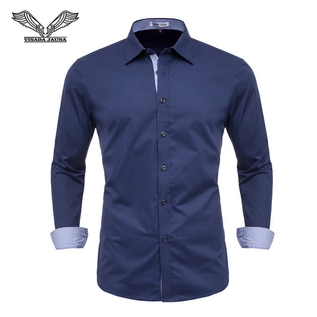 VISADA JAUNA Men Shirts Europe Size New Arrivals Slim Fit Male Shirt Solid Long Sleeve British Style Cotton Men's Shirt Office - keikeishopping