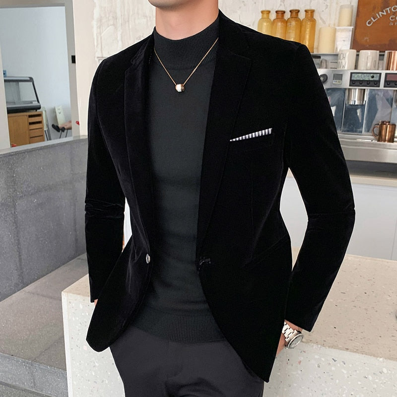 Gold Velvet Blazer High Quality Men Casual - keikeishopping