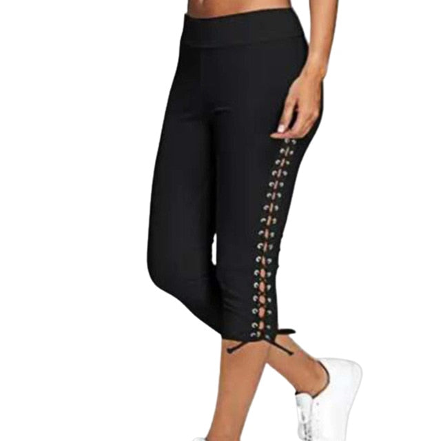 Women High Waist Cropped Trousers Pants Elastic Bandage Leggings Plus Size - keikeishopping