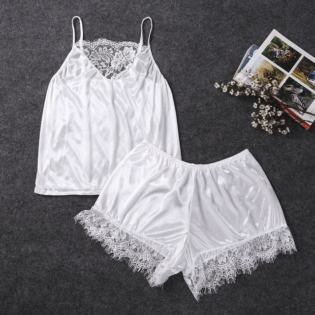 Women's Pajamas Set Sleepwear Sexy Lingerie Satin Lace Sleeveless Top Shorts Summwer Night Suit 2pcs/Set Ladies Underwear - keikeishopping