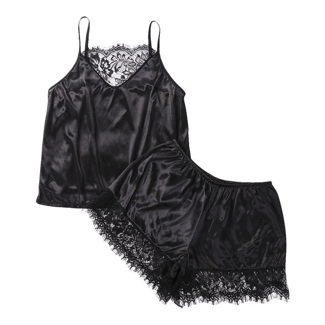 Women's Pajamas Set Sleepwear Sexy Lingerie Satin Lace Sleeveless Top Shorts Summwer Night Suit 2pcs/Set Ladies Underwear - keikeishopping