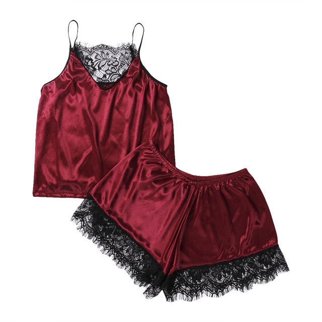 Women's Pajamas Set Sleepwear Sexy Lingerie Satin Lace Sleeveless Top Shorts Summwer Night Suit 2pcs/Set Ladies Underwear - keikeishopping
