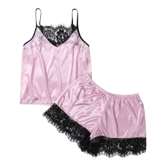 Women's Pajamas Set Sleepwear Sexy Lingerie Satin Lace Sleeveless Top Shorts Summwer Night Suit 2pcs/Set Ladies Underwear - keikeishopping