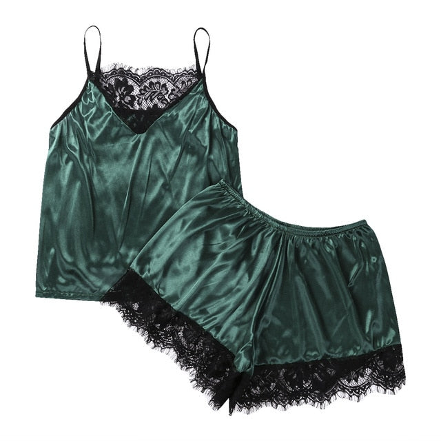 Women's Pajamas Set Sleepwear Sexy Lingerie Satin Lace Sleeveless Top Shorts Summwer Night Suit 2pcs/Set Ladies Underwear - keikeishopping