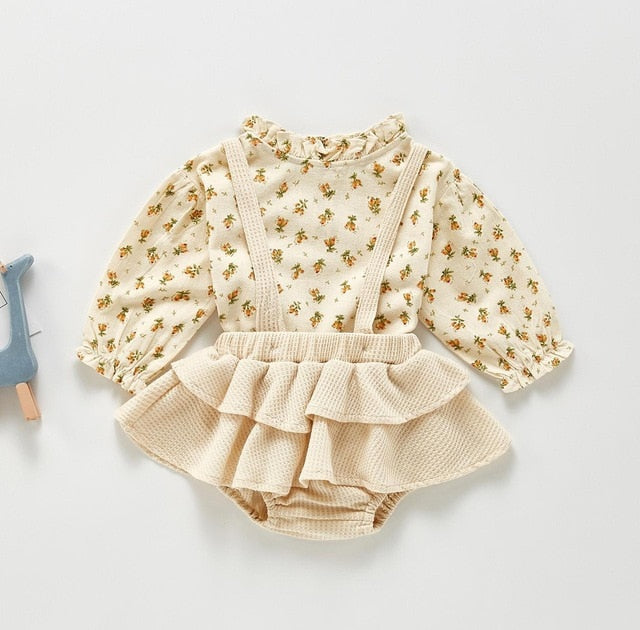 Vintage Baby Girl Overall Shirt Set Clothes Autumn Linen Girls Floral Blouss , Romper , Dress Newborn Baby Girls Strap Outfits - keikeishopping