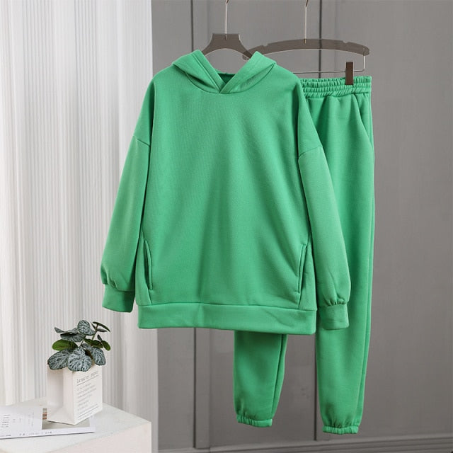 Women's Tracksuit Fleece Hooded Two Piece Set Oversized Hoodies Jogger Pants Sets Female 2021 Autumn Casual Lady Sportswear Suit