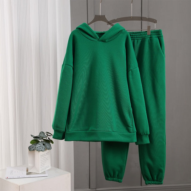 Women's Tracksuit Fleece Hooded Two Piece Set Oversized Hoodies Jogger Pants Sets Female 2021 Autumn Casual Lady Sportswear Suit