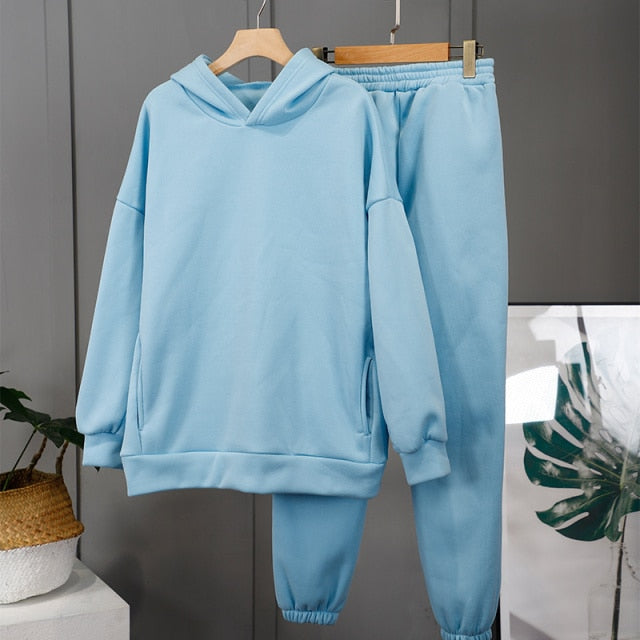 Women's Tracksuit Fleece Hooded Two Piece Set Oversized Hoodies Jogger Pants Sets Female 2021 Autumn Casual Lady Sportswear Suit