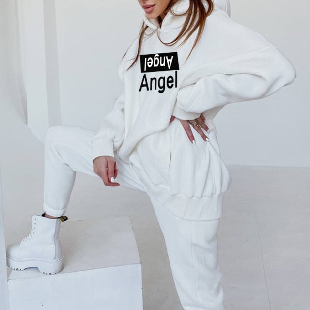 Women's Tracksuit Fleece Hooded Two Piece Set Oversized Hoodies Jogger Pants Sets Female 2021 Autumn Casual Lady Sportswear Suit