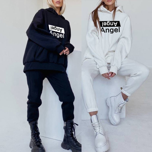 Women's Tracksuit Fleece Hooded Two Piece Set Oversized Hoodies Jogger Pants Sets Female 2021 Autumn Casual Lady Sportswear Suit