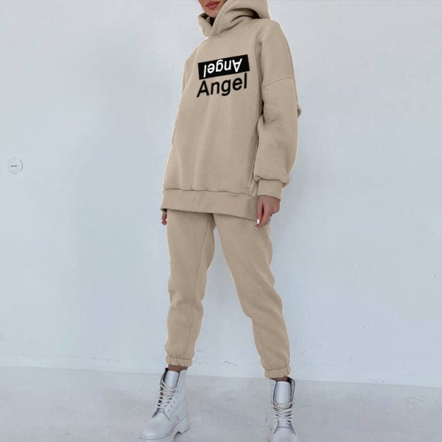 Women's Tracksuit Fleece Hooded Two Piece Set Oversized Hoodies Jogger Pants Sets Female 2021 Autumn Casual Lady Sportswear Suit