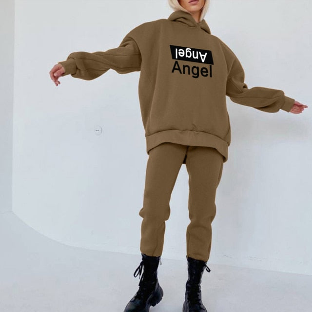 Women's Tracksuit Fleece Hooded Two Piece Set Oversized Hoodies Jogger Pants Sets Female 2021 Autumn Casual Lady Sportswear Suit