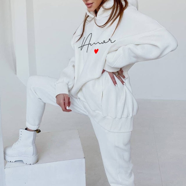 Women's Tracksuit Fleece Hooded Two Piece Set Oversized Hoodies Jogger Pants Sets Female 2021 Autumn Casual Lady Sportswear Suit