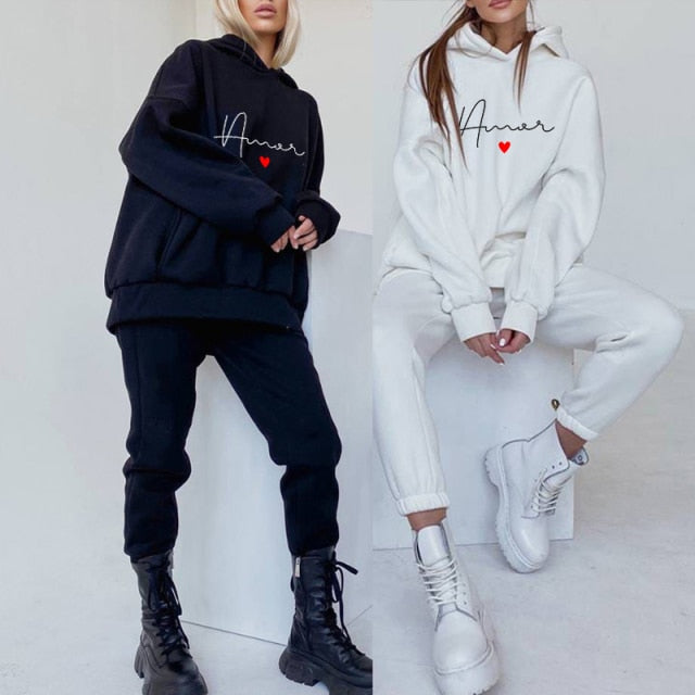 Women's Tracksuit Fleece Hooded Two Piece Set Oversized Hoodies Jogger Pants Sets Female 2021 Autumn Casual Lady Sportswear Suit