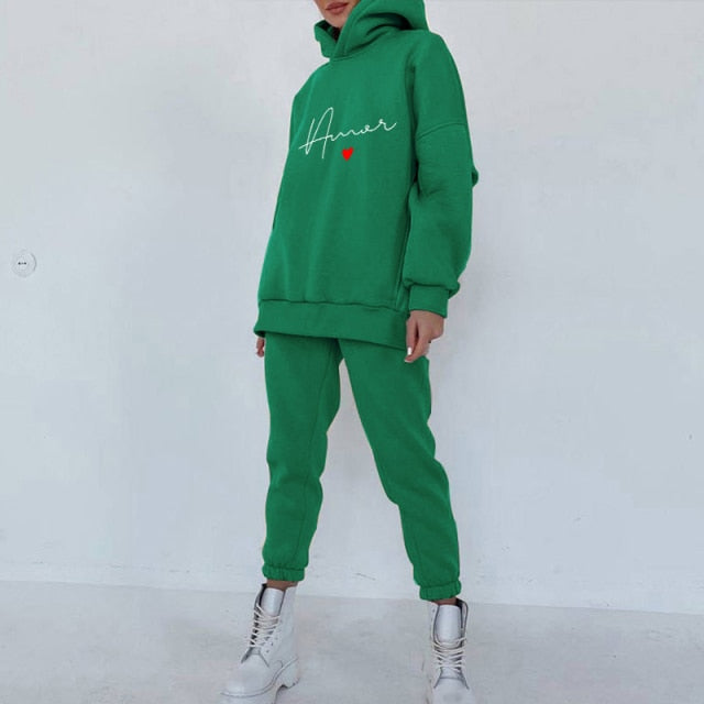 Women's Tracksuit Fleece Hooded Two Piece Set Oversized Hoodies Jogger Pants Sets Female 2021 Autumn Casual Lady Sportswear Suit