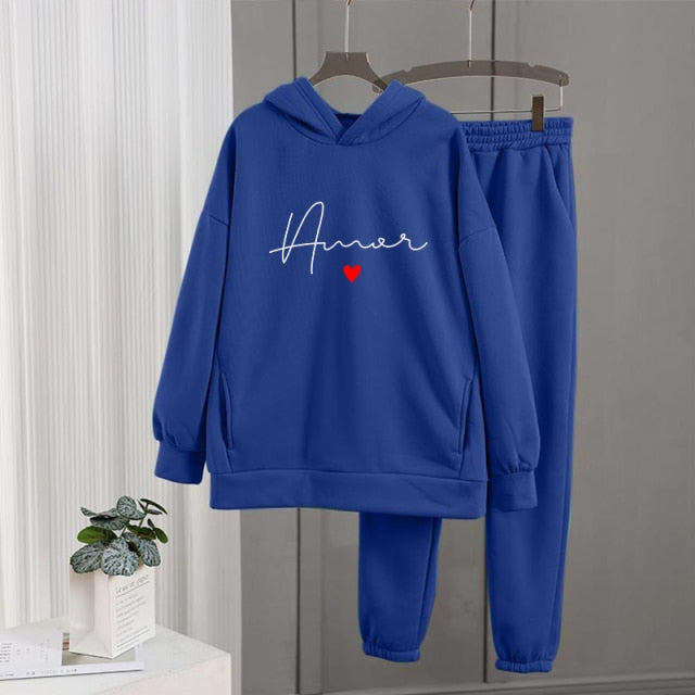 Women's Tracksuit Fleece Hooded Two Piece Set Oversized Hoodies Jogger Pants Sets Female 2021 Autumn Casual Lady Sportswear Suit