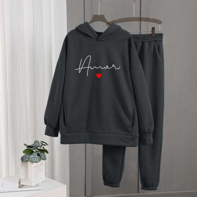 Women's Tracksuit Fleece Hooded Two Piece Set Oversized Hoodies Jogger Pants Sets Female 2021 Autumn Casual Lady Sportswear Suit