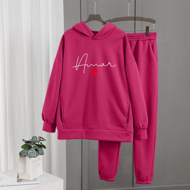 Women's Tracksuit Fleece Hooded Two Piece Set Oversized Hoodies Jogger Pants Sets Female 2021 Autumn Casual Lady Sportswear Suit