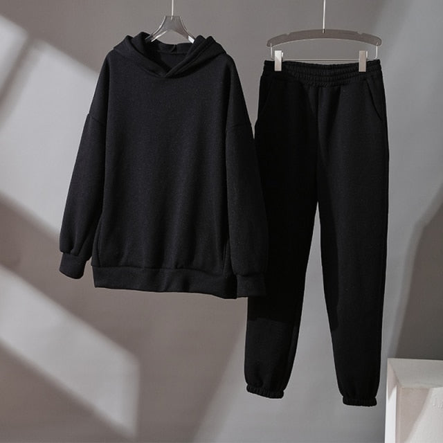 Women's Tracksuit Fleece Hooded Two Piece Set Oversized Hoodies Jogger Pants Sets Female 2021 Autumn Casual Lady Sportswear Suit
