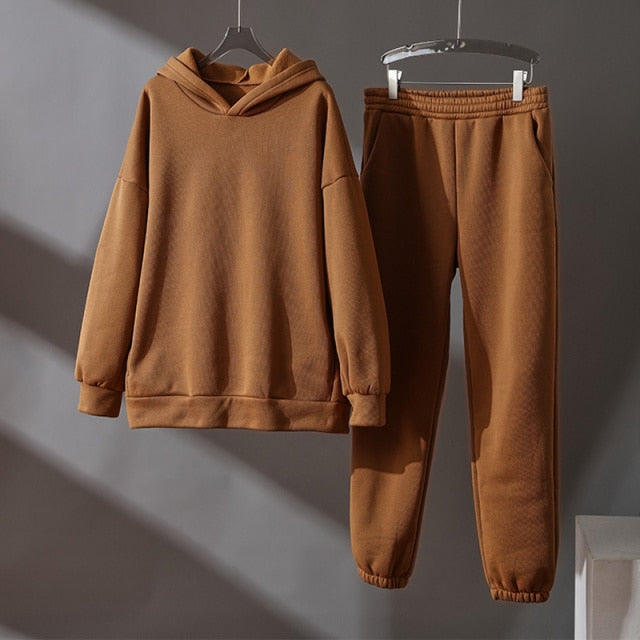 Women's Tracksuit Fleece Hooded Two Piece Set Oversized Hoodies Jogger Pants Sets Female 2021 Autumn Casual Lady Sportswear Suit