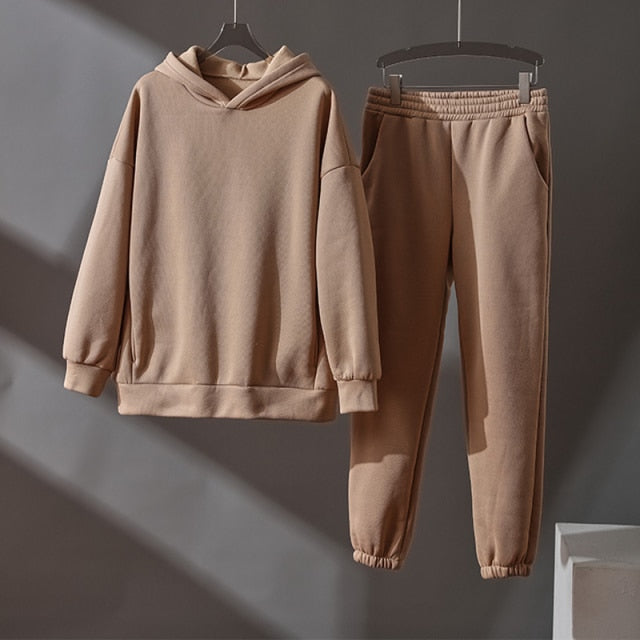 Women's Tracksuit Fleece Hooded Two Piece Set Oversized Hoodies Jogger Pants Sets Female 2021 Autumn Casual Lady Sportswear Suit